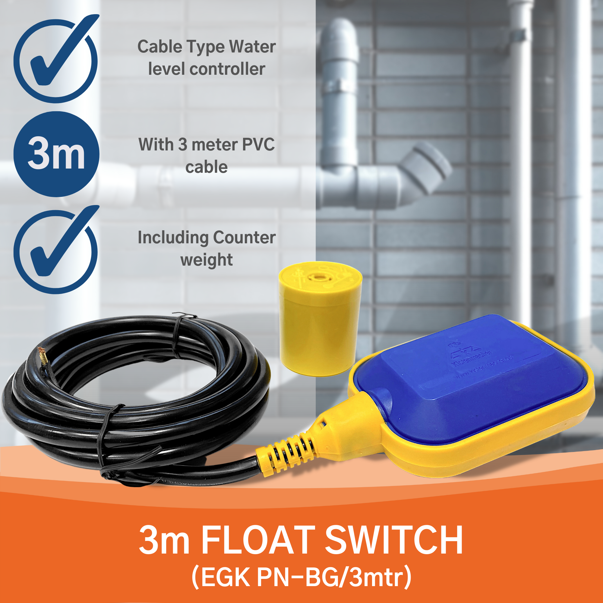 KISTENMACHER Float Switch (3 Meter cable), 16(8)A / 250 V, for handling of water tanks and water pumps