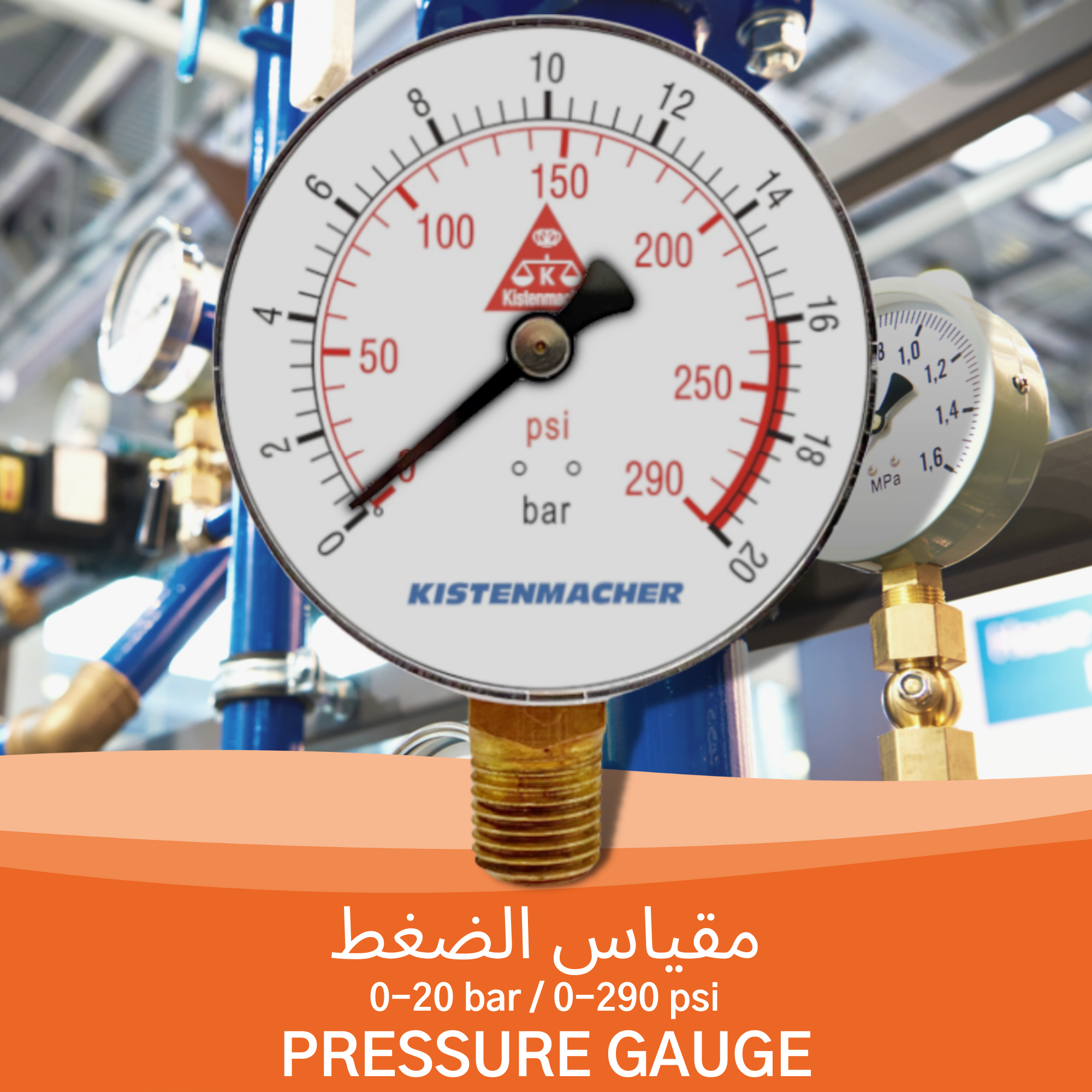 KISTENMACHER Pressure Gauge 0-20 bar (0-290 psi), 63mm housing